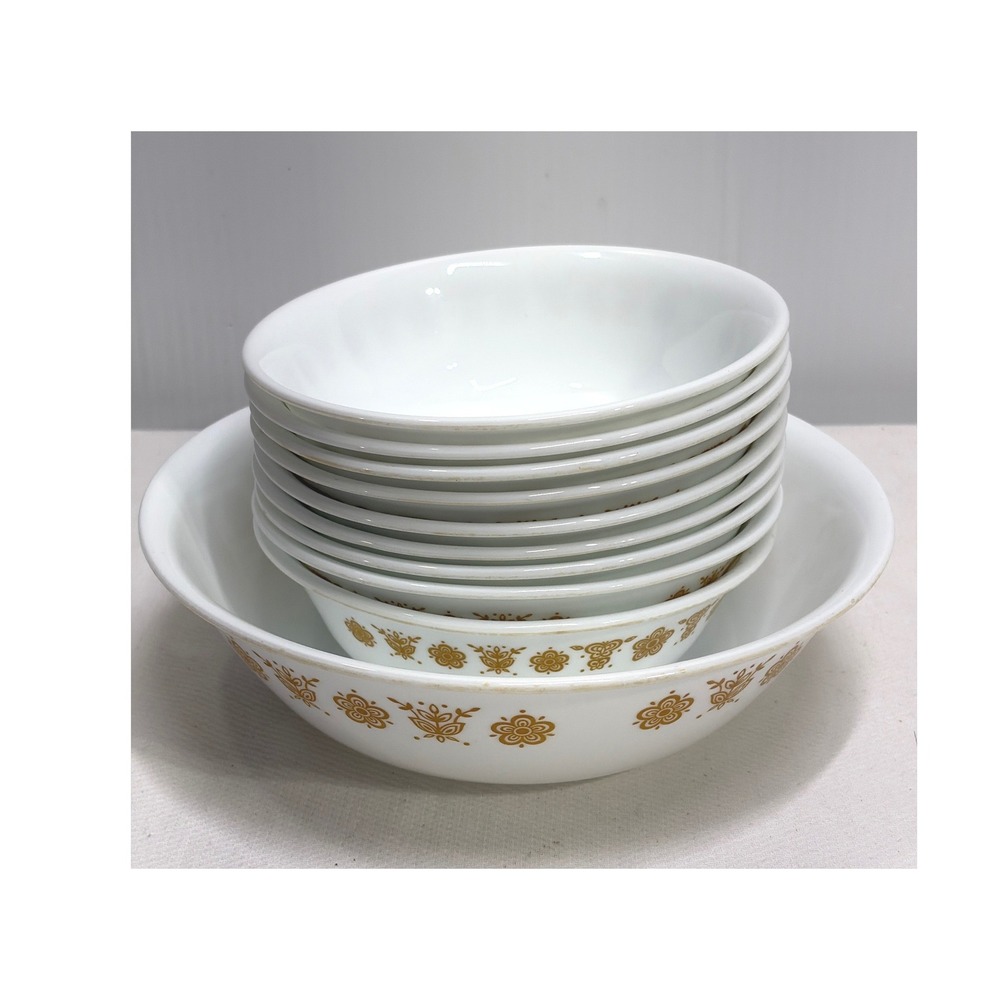Corelle Butterfly Gold 8 Cereal Soup Bowls and Salad Bowl Vitrelle USA